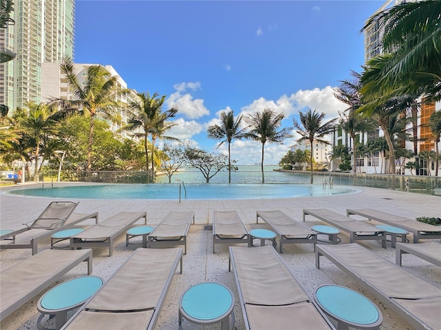 view of swimming pool with a patio area