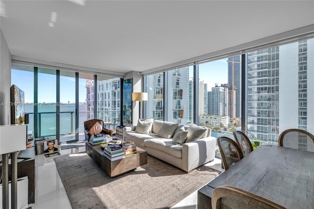 tiled living room with expansive windows and a wealth of natural light