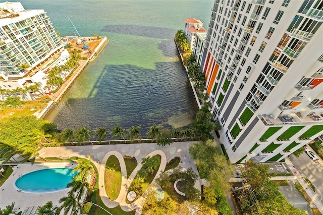 birds eye view of property featuring a water view