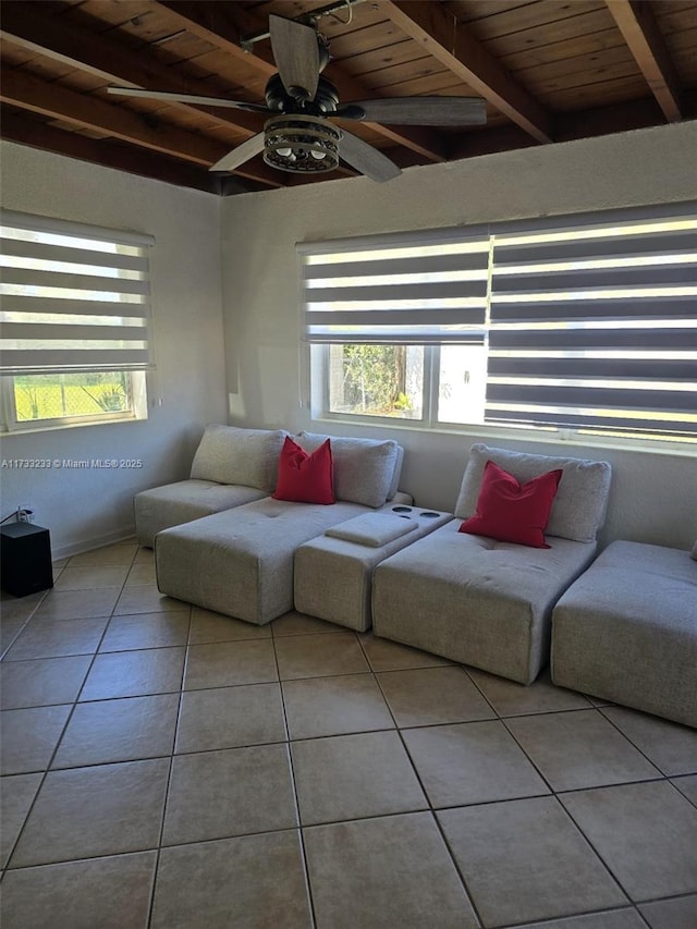 tiled living room with wood ceiling, ceiling fan, and beam ceiling