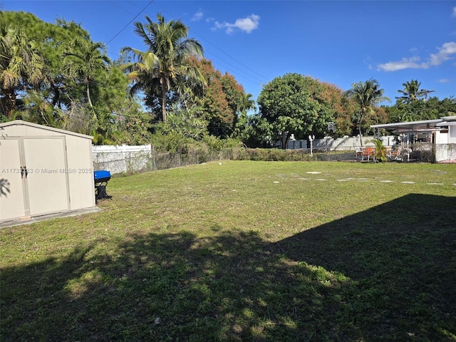 view of yard with a storage shed