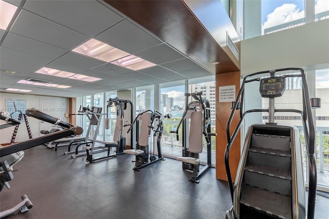 gym featuring expansive windows and a paneled ceiling