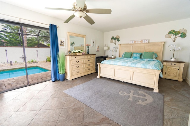 tiled bedroom with access to outside and ceiling fan