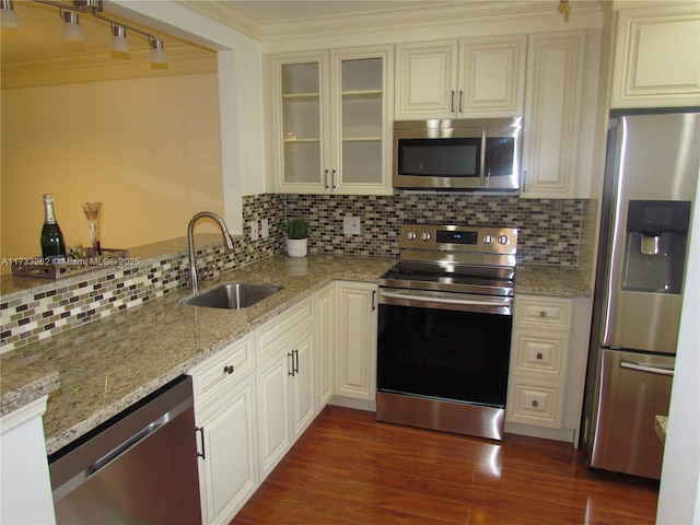 kitchen featuring sink, light stone counters, dark hardwood / wood-style flooring, stainless steel appliances, and backsplash