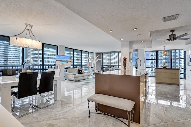 living room with sink, floor to ceiling windows, and a textured ceiling