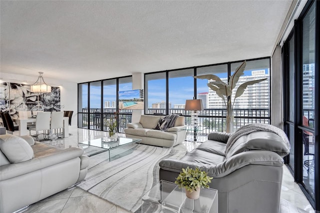 living room with a textured ceiling