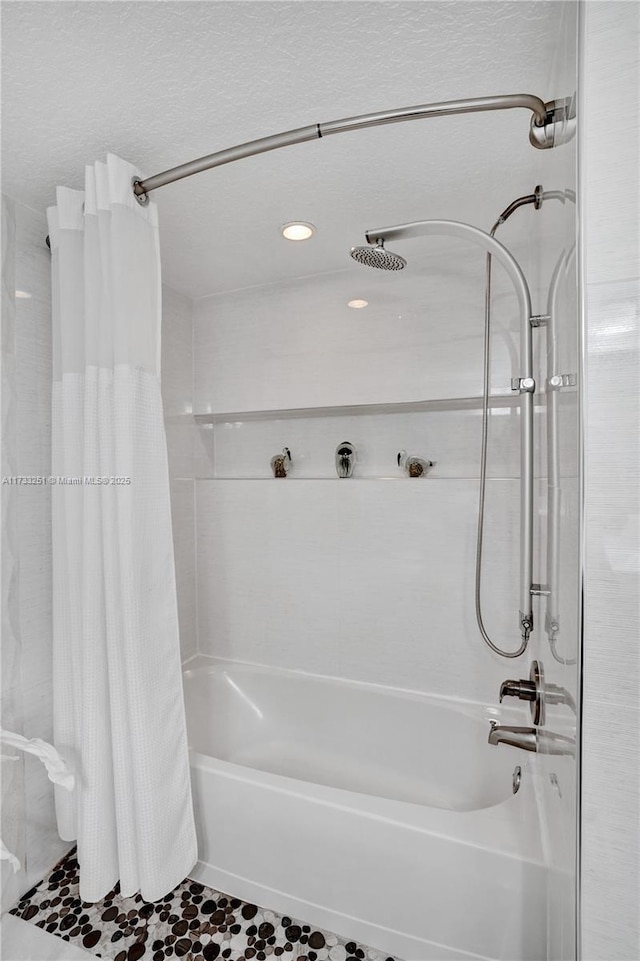 bathroom featuring shower / tub combo with curtain and tile patterned flooring