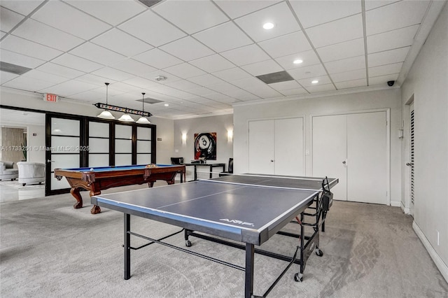 playroom with billiards, light carpet, and a drop ceiling