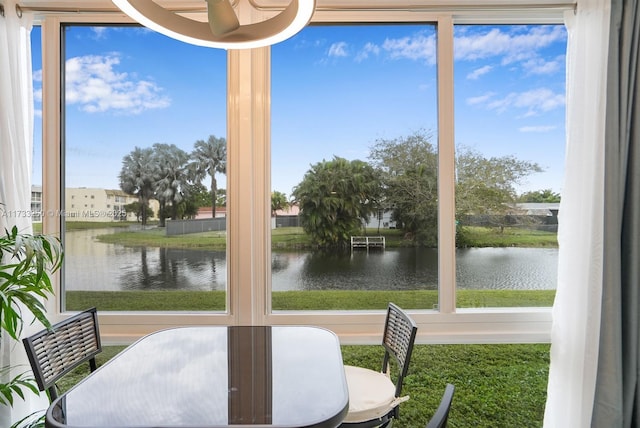 sunroom / solarium with a water view