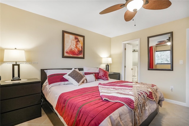 bedroom with connected bathroom and ceiling fan