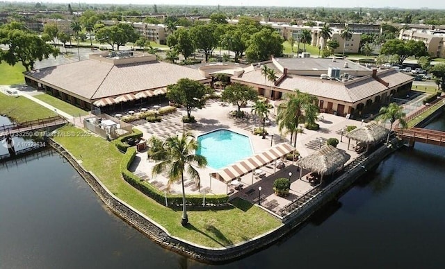 bird's eye view with a water view