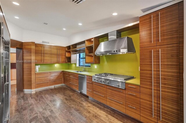 kitchen with appliances with stainless steel finishes, sink, dark hardwood / wood-style flooring, and wall chimney exhaust hood