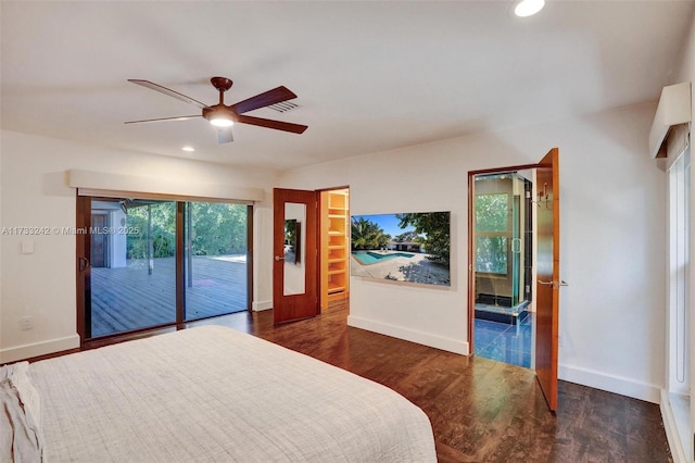 bedroom with dark hardwood / wood-style floors, access to outside, and ceiling fan