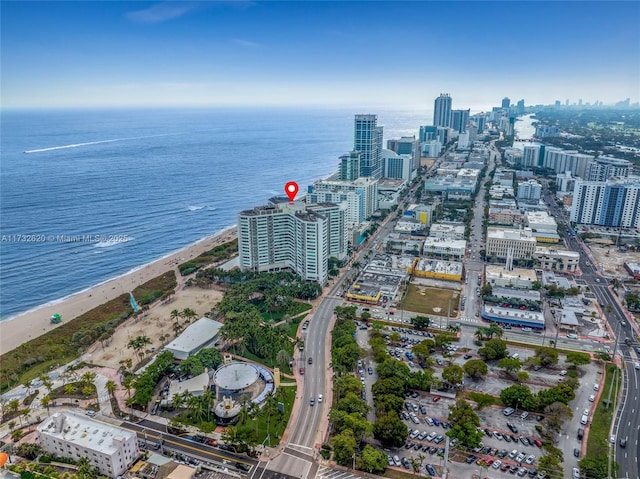 drone / aerial view with a water view and a view of the beach