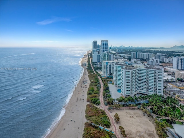 bird's eye view with a view of the beach and a water view