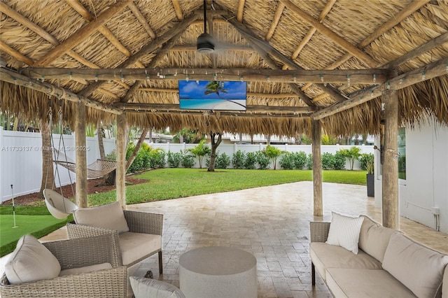 view of patio / terrace featuring a gazebo and an outdoor hangout area