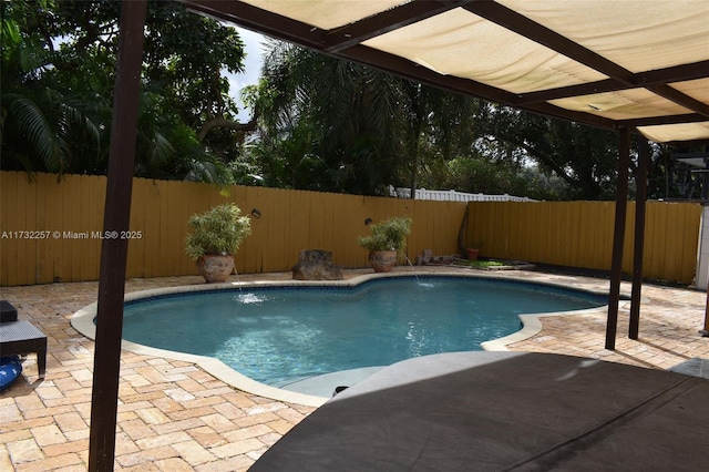 view of pool with a patio area and pool water feature