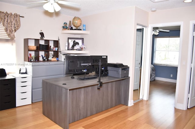 office space featuring ceiling fan, light hardwood / wood-style flooring, and a textured ceiling