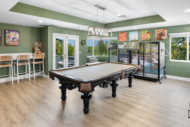 recreation room featuring recessed lighting, wood finished floors, french doors, pool table, and baseboards