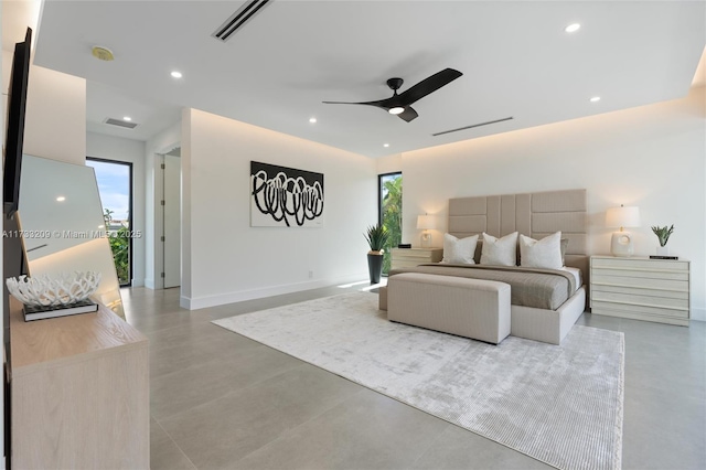 bedroom with concrete floors and ceiling fan