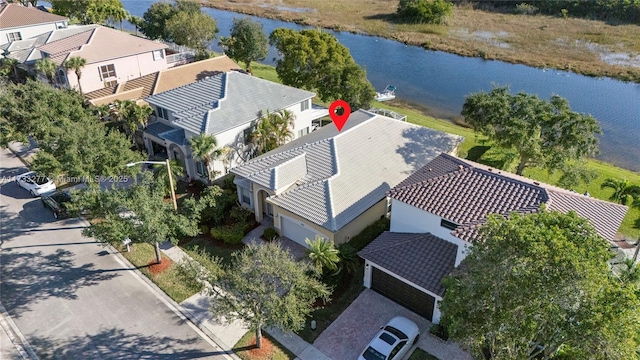 drone / aerial view featuring a water view