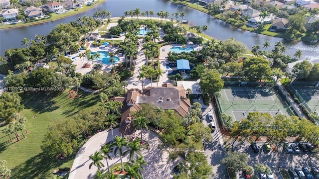 birds eye view of property featuring a water view