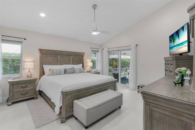 bedroom with vaulted ceiling, access to outside, and ceiling fan