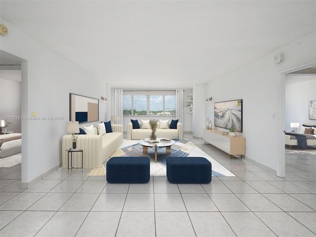 tiled living room with built in features