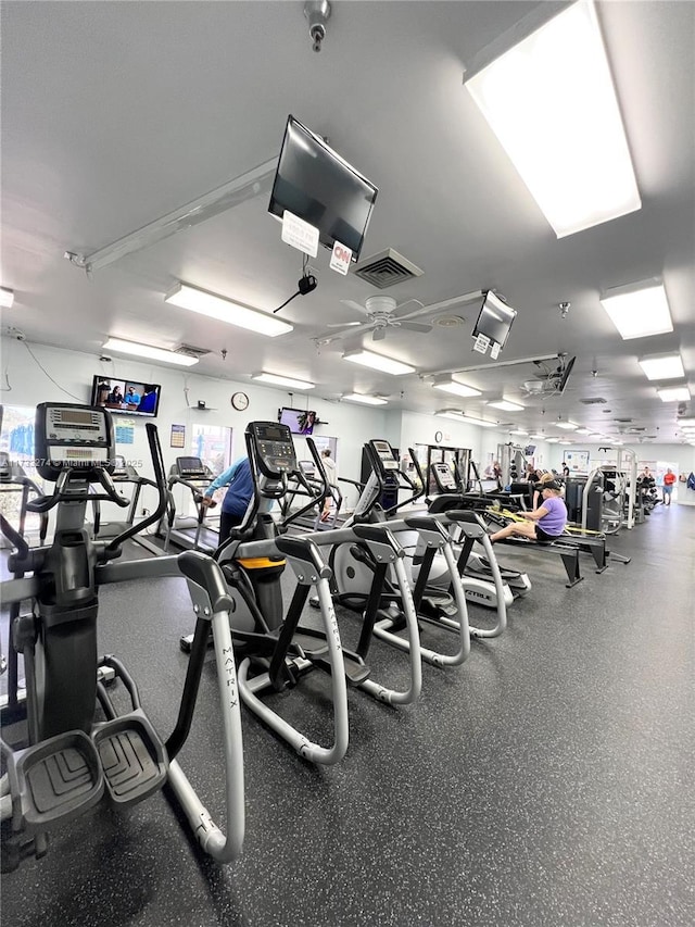 workout area featuring ceiling fan