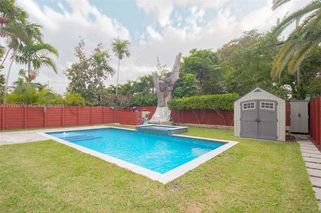 view of pool with an outbuilding, a fenced backyard, a storage shed, a pool with connected hot tub, and a lawn