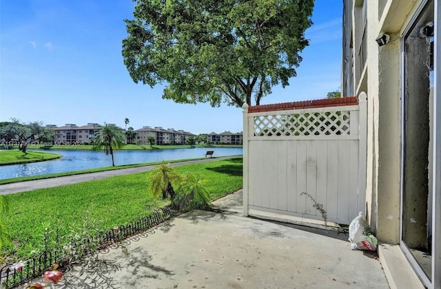 view of patio / terrace featuring a water view