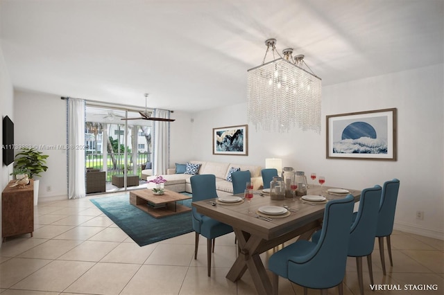 tiled dining space with a chandelier