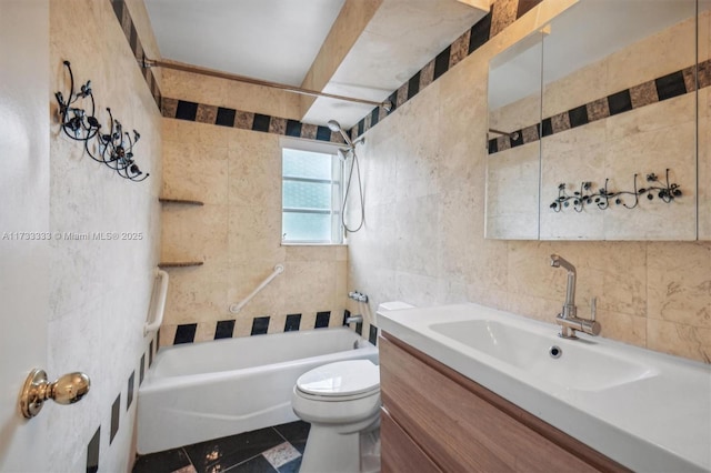 full bathroom featuring toilet, tile walls, shower / bathtub combination, vanity, and tile patterned flooring