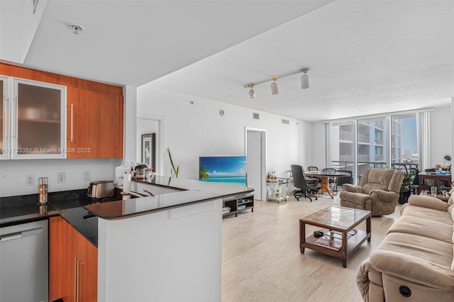 kitchen featuring expansive windows, track lighting, dishwasher, and kitchen peninsula