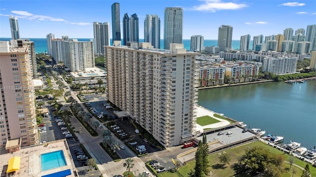 aerial view featuring a water view