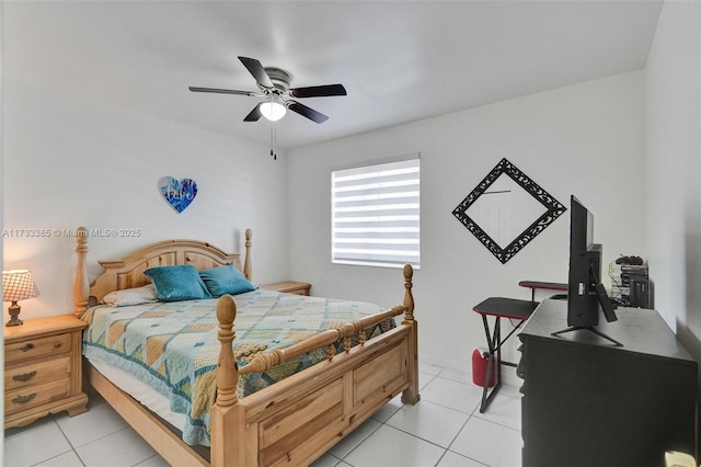 bedroom with light tile patterned floors and ceiling fan