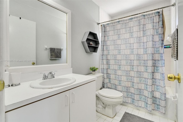 bathroom featuring toilet, tile patterned flooring, shower / bath combination with curtain, and vanity