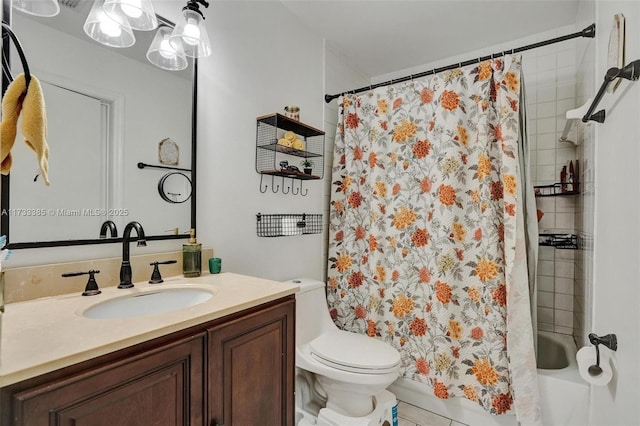 full bath with toilet, shower / bath combination with curtain, and vanity