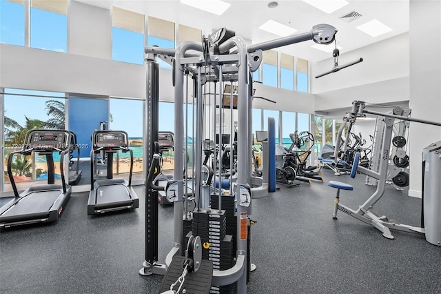 workout area featuring a high ceiling