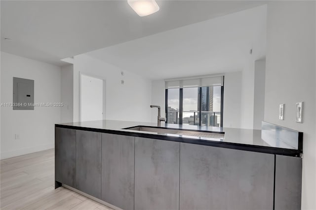 kitchen featuring electric panel and light hardwood / wood-style floors