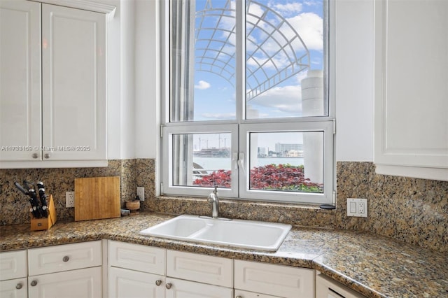 kitchen with tasteful backsplash, white cabinetry, and sink