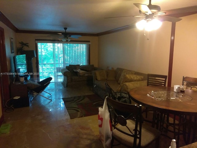 living room featuring crown molding and ceiling fan