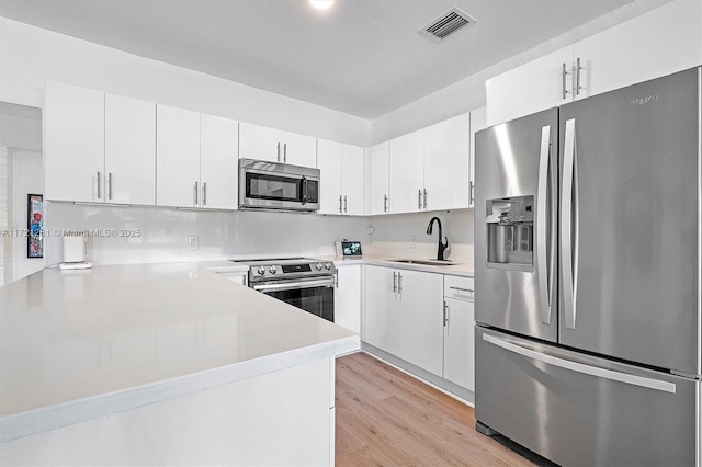 kitchen featuring stainless steel appliances, white cabinetry, sink, and kitchen peninsula