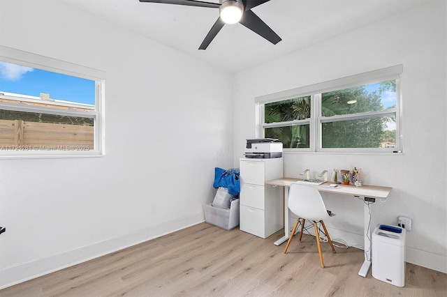 office with ceiling fan and light wood-type flooring