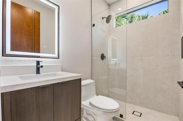 bathroom with vanity, toilet, and a shower with shower door