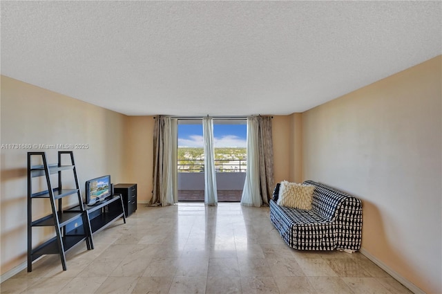 living area featuring a textured ceiling