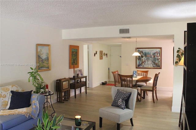 living room with a textured ceiling and light hardwood / wood-style floors