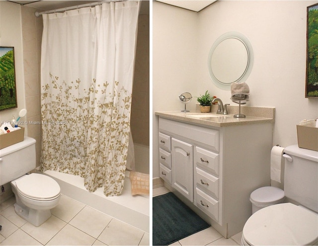 bathroom with a shower with curtain, tile patterned floors, vanity, and toilet