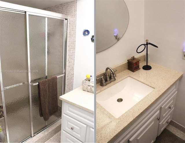 bathroom with vanity and an enclosed shower