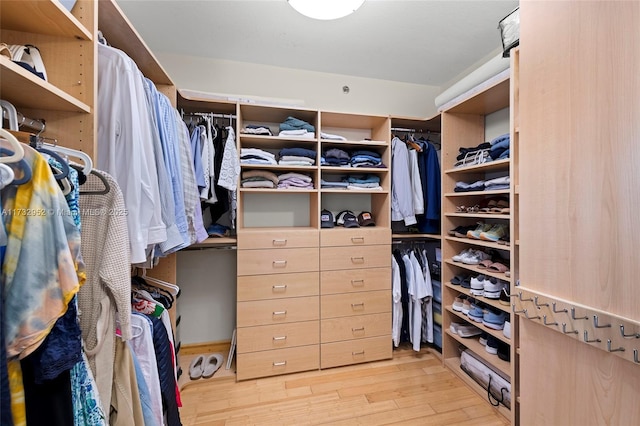 walk in closet with light hardwood / wood-style flooring